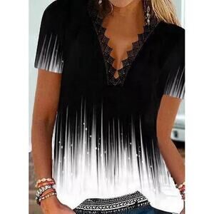 Noracora Size Small Lace Trim Short Sleeve Top Black White